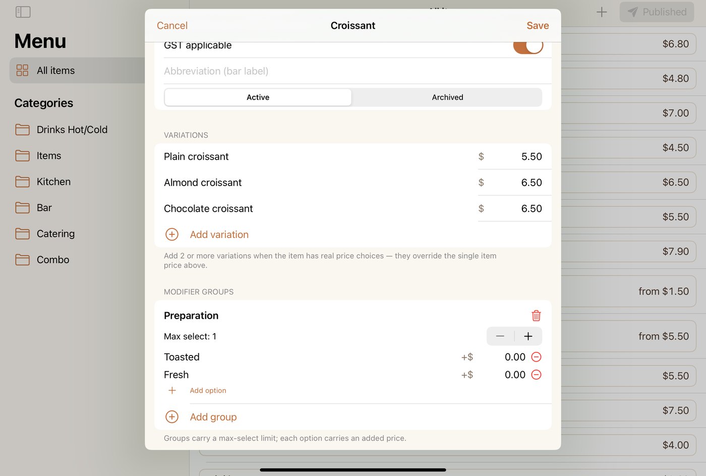 Editing a menu item — price, tax and options — on the iPad menu admin screen