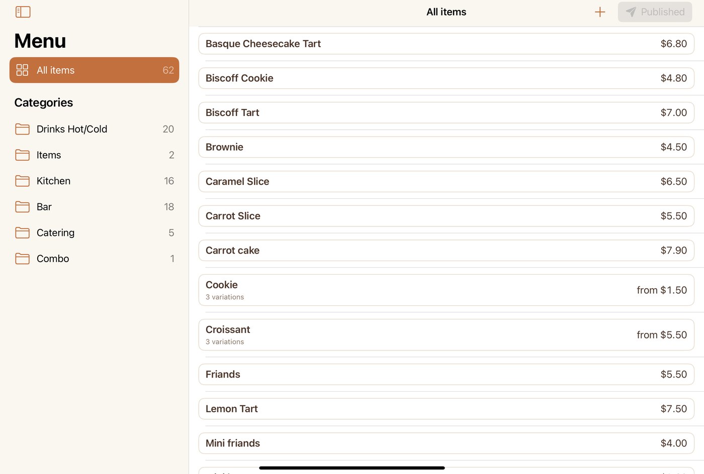 The menu admin screen listing items and prices, ready to edit and publish