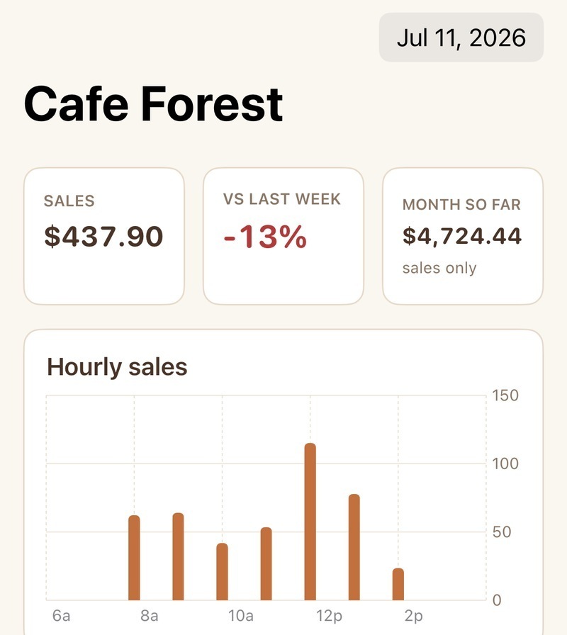 The owner app home screen on iPhone — today&rsquo;s sales, week-on-week change and month so far, above an hourly sales chart